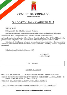 Il Comune corinaldese commemorerà il prossimo 10 agosto la liberazione di Corinaldo dall'oppressione nazifascista: il manifesto